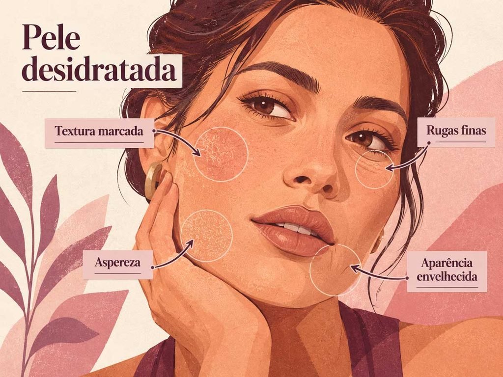 Pele desidratada, com textura marcada, aspereza, rugas finas e aparência envelhecida